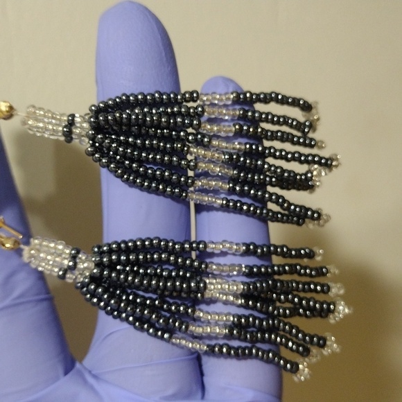 Monochrome Beaded Tassel Earrings, Handcrafted Black & White Seed Bead Fringe #1 - Picture 7 of 7